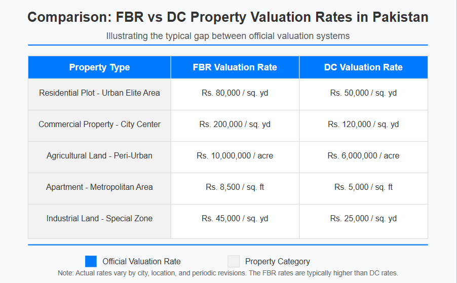 Comparison chart between FBR property valuation rates and DC rates graph