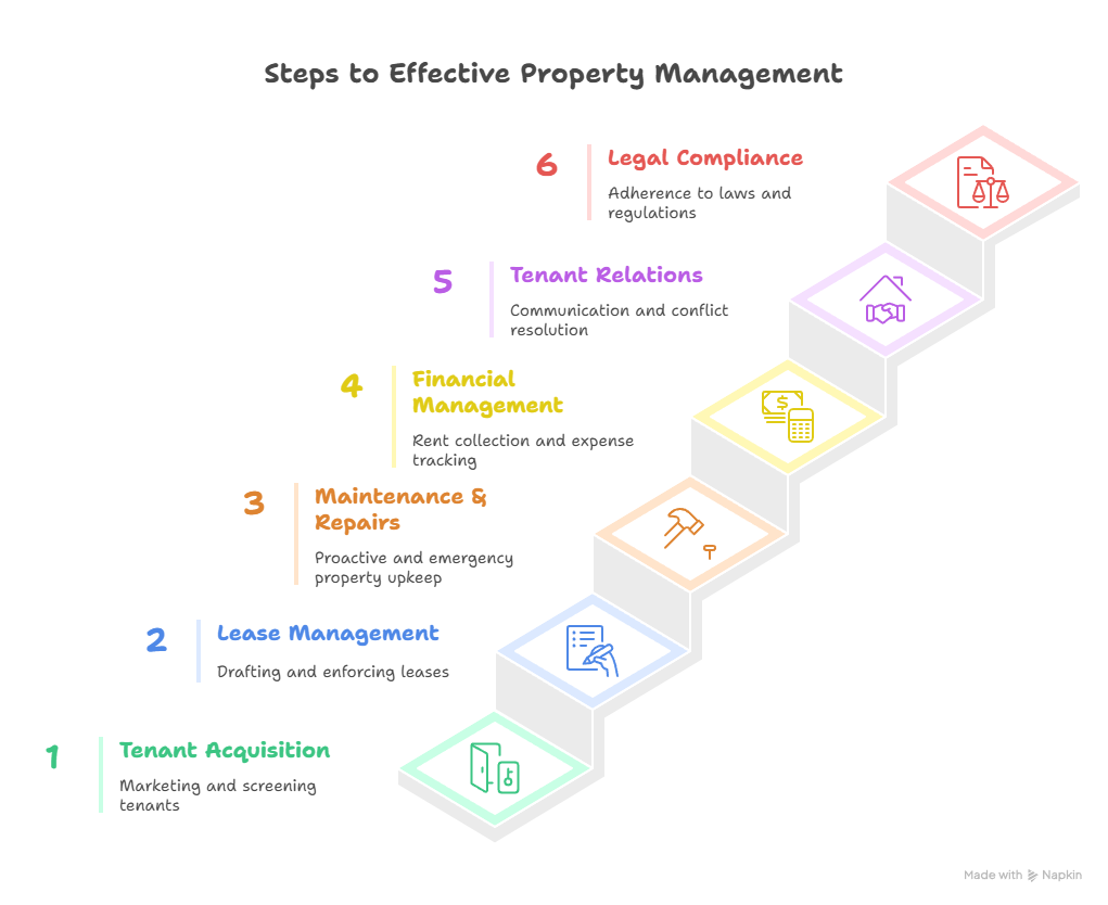 Infographic showing six key steps of property management with icons and brief explanations.