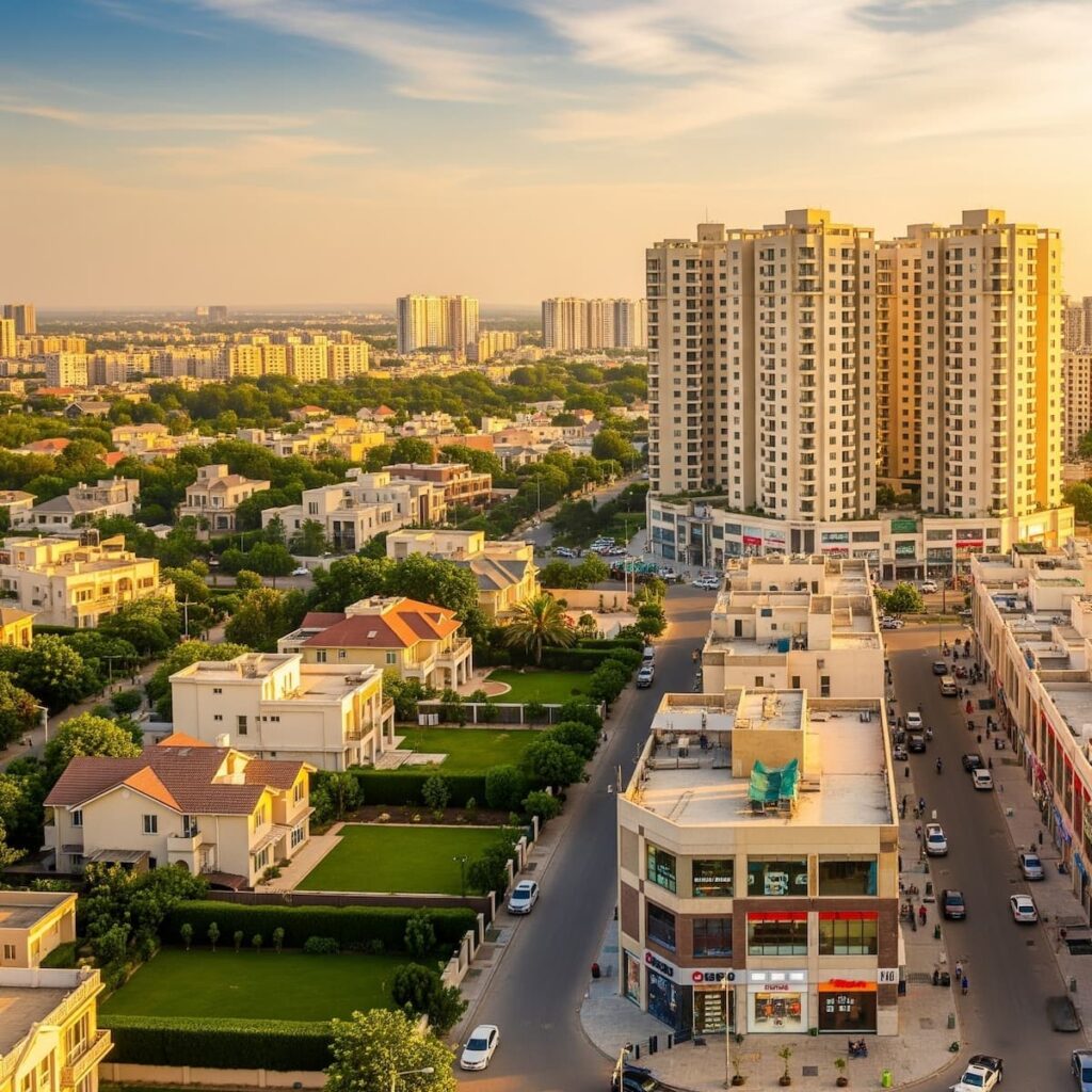Modern Pakistani cityscape showcasing houses, apartments, and commercial shops as top property investment options.